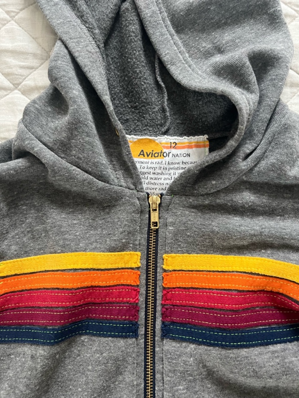 Aviator Nation Kids size 12 Gray Zip Hoodie with Rainbow Stripe Detail